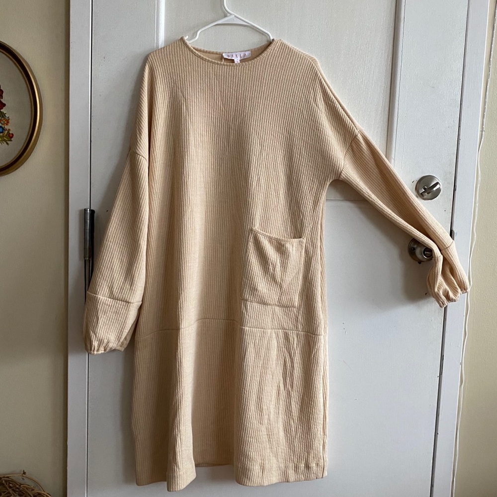 nude oversized sweater dress.